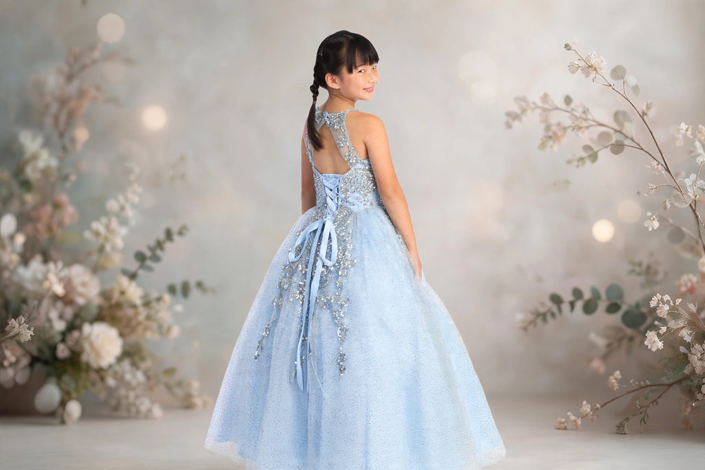Celeste - Ice Blue Glitter Tulle Ball Gown with Silver Sequin Appliqué & Corset Lace-Up Back