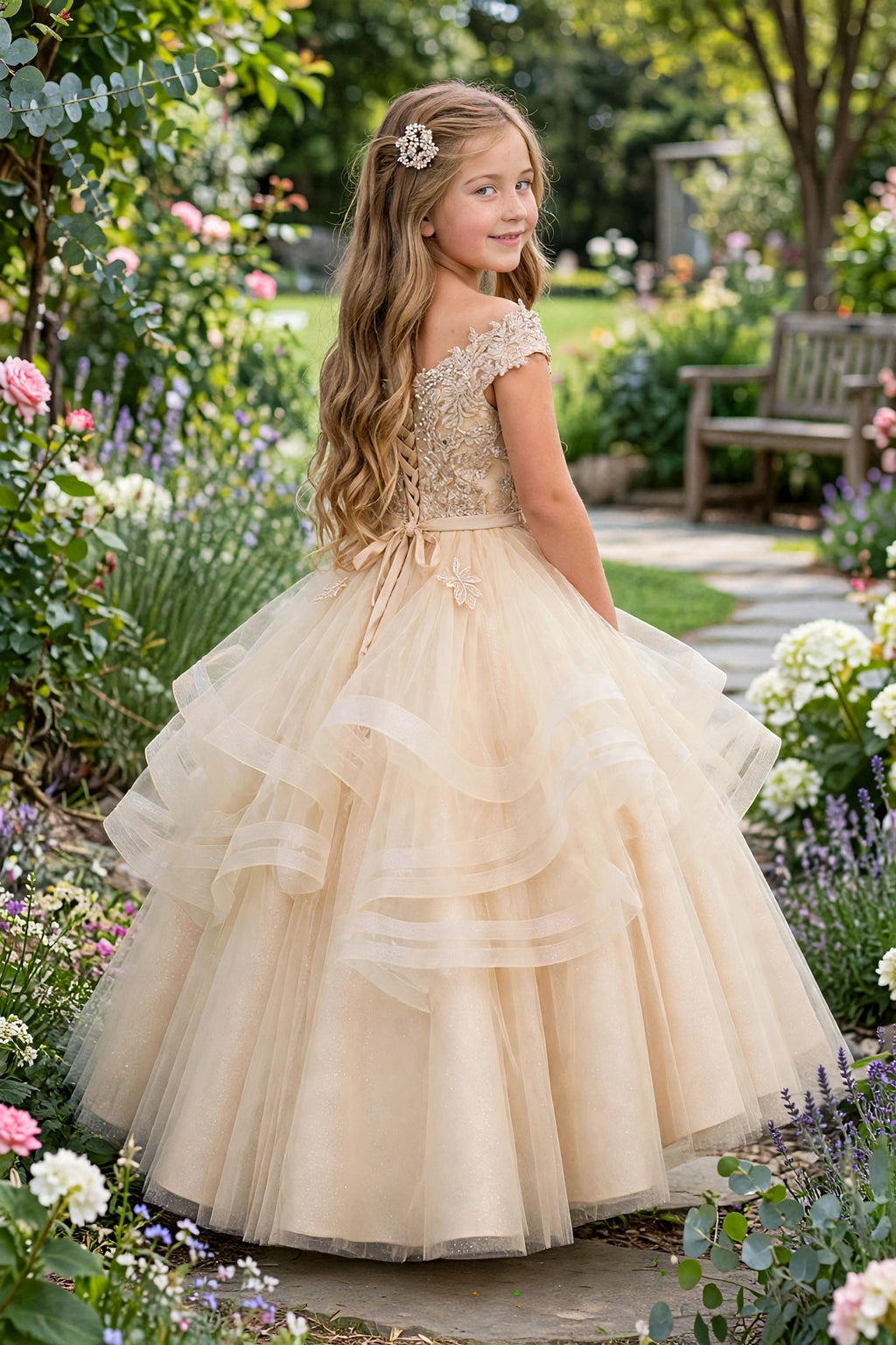 Arabella - Champagne Lace Bodice & Layered Ruffle Tulle Ball Gown | Flower Girl Dress