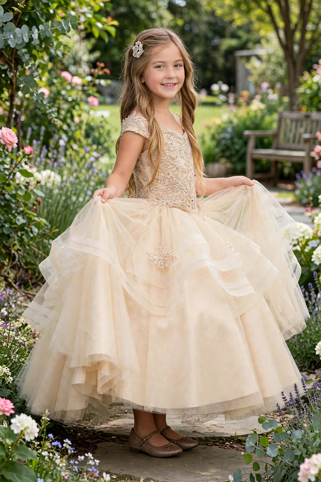 Arabella - Champagne Lace Bodice & Layered Ruffle Tulle Ball Gown | Flower Girl Dress