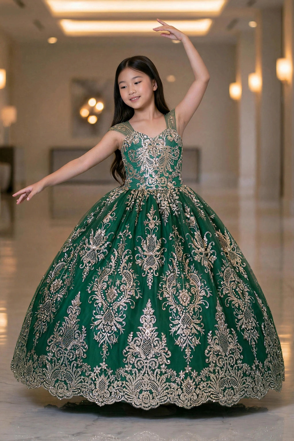 "Emerald Enchantress" – Royal Green & Gold Baroque Ball Gown with Sheer Illusion Straps