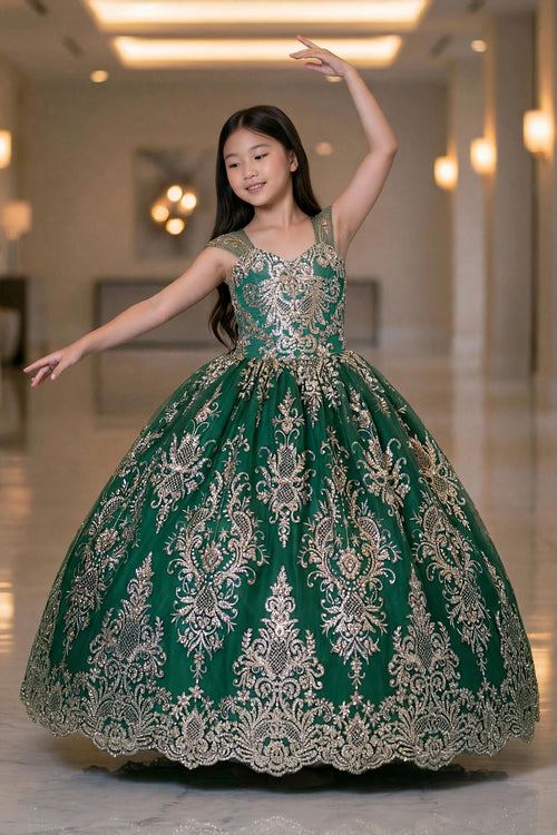 "Emerald Enchantress" – Royal Green & Gold Baroque Ball Gown with Sheer Illusion Straps