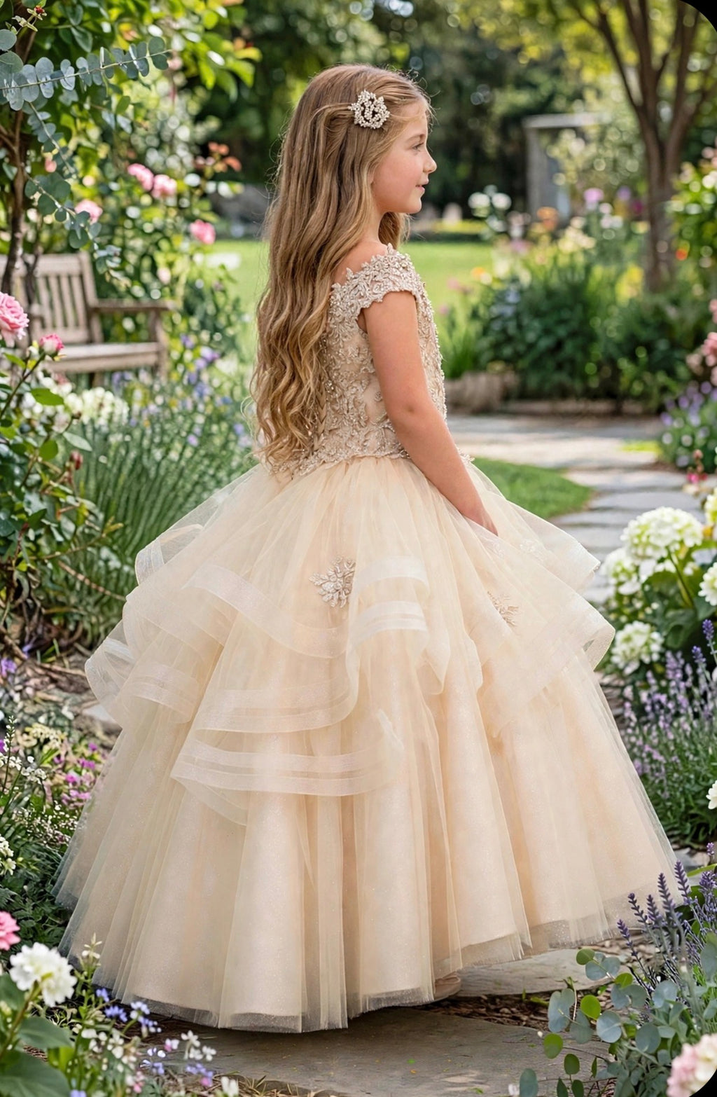 Arabella - Champagne Lace Bodice & Layered Ruffle Tulle Ball Gown | Flower Girl Dress