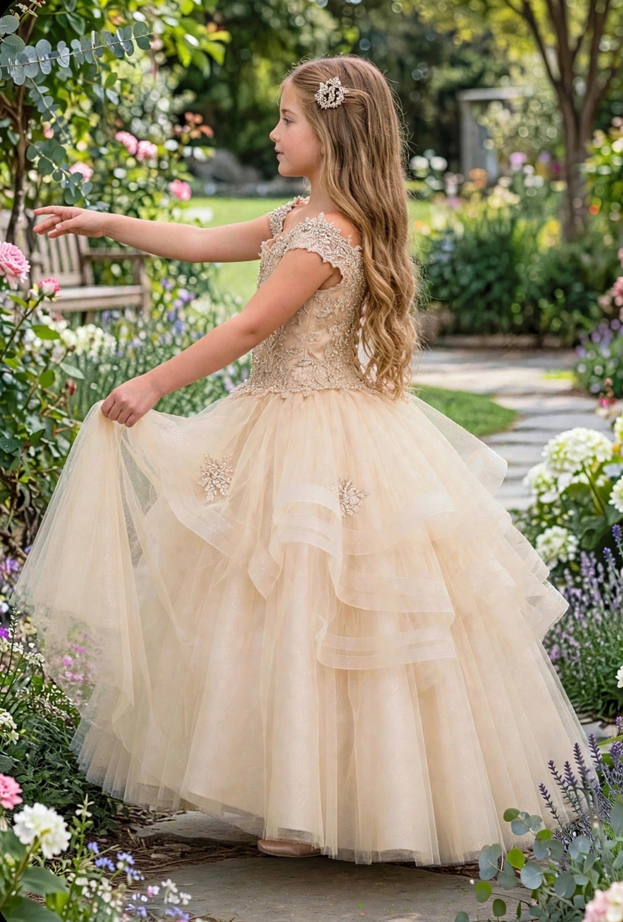 Arabella - Champagne Lace Bodice & Layered Ruffle Tulle Ball Gown | Flower Girl Dress