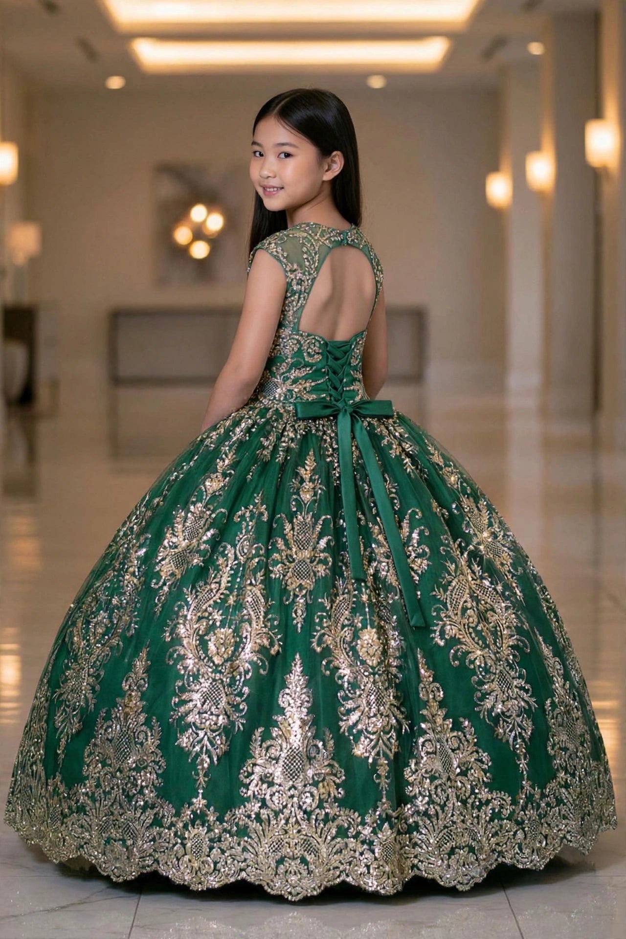 "Emerald Enchantress" – Royal Green & Gold Baroque Ball Gown with Sheer Illusion Straps